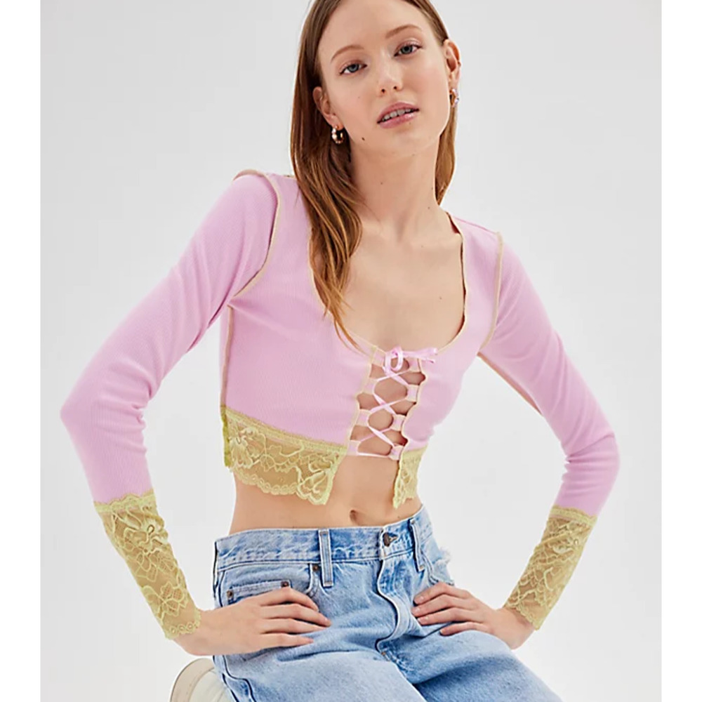 Urban Outfitters Nikko Lace Long Sleeve Top Pink Yellow Size Large NWT FLAWED